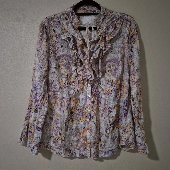 Cino Cotton Floral Blouse With Ruffled Collar And Neck Tie - Picture 2 of 7